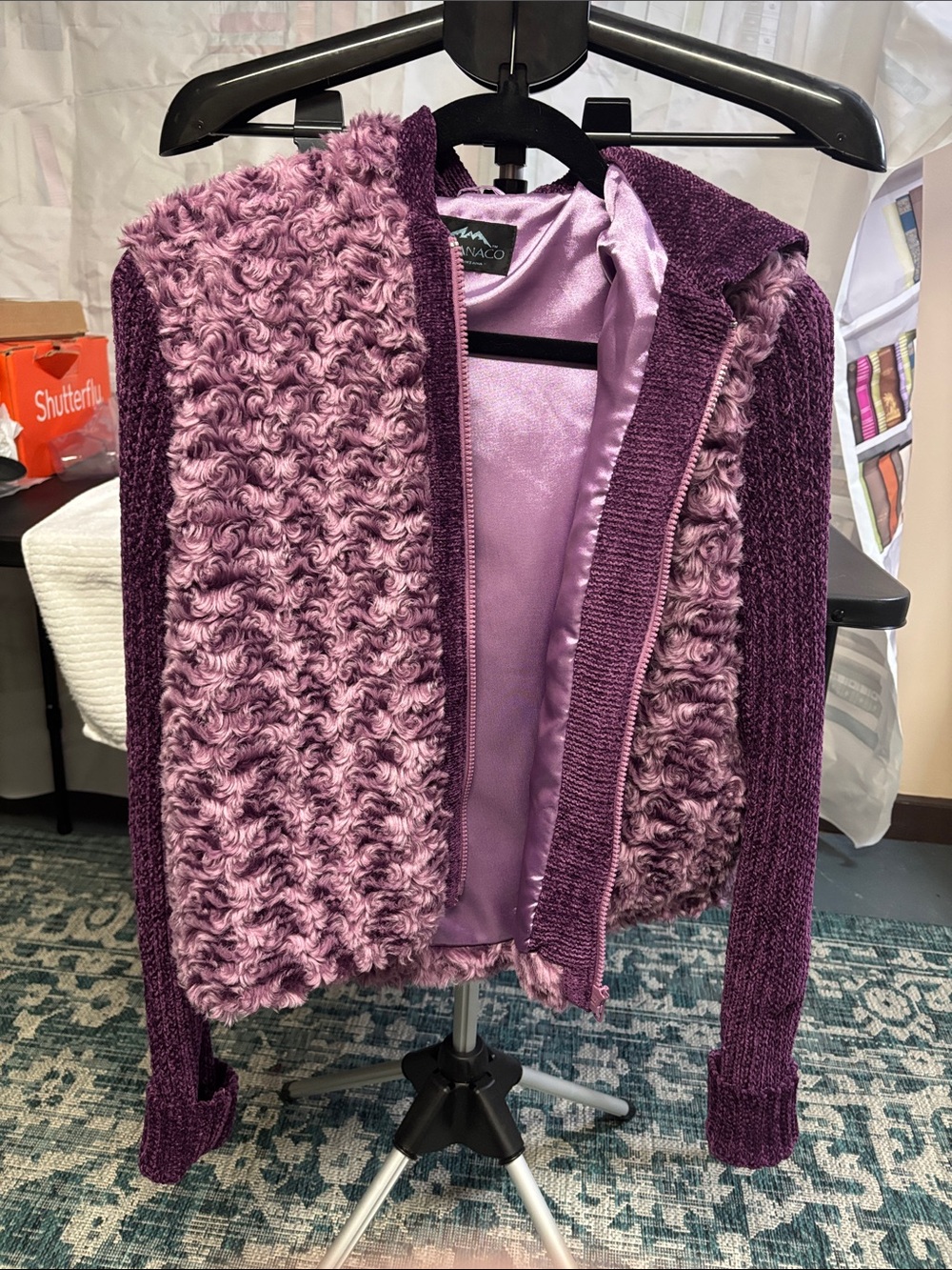 Women's Purple Textured Knit Jacket - Faux Fur Front